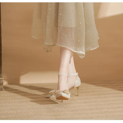 Spring Pointed Toe Party Wedding Shoes for Women, Bride Bow Thick Heel Silver Sequin Fairy Lolita Style Single Shoes