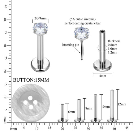 10PCS ASTM F136 G23 Titanium Piercing Labret Lip Ring Stud Earring CZ Ear Tragus Cartilage Helix Daith Pierc Jewelry 16/18/20g