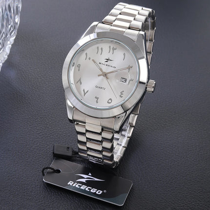A quartz wristwatch with a stainless steel strap and personalized dial, equipped with a date display function. The simple and atmo