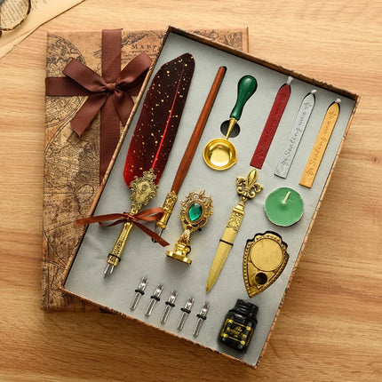 Luxury Fountain Pen Set, Retro Sprinkling Feather Pens Calligraphy Writing Dip Kit with Wax Seal Stamp & Replace Nibs, Gift Box