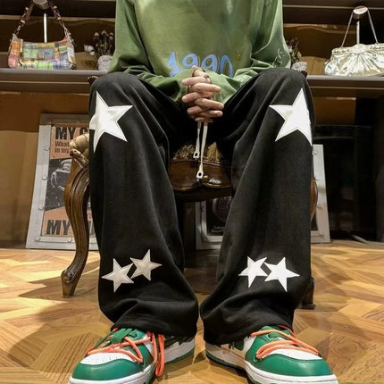 High Street Fashion Men’s Star Pattern Joggers Straight Leg Casual Pants Vintage Inspired Draped Sweatpants All Season