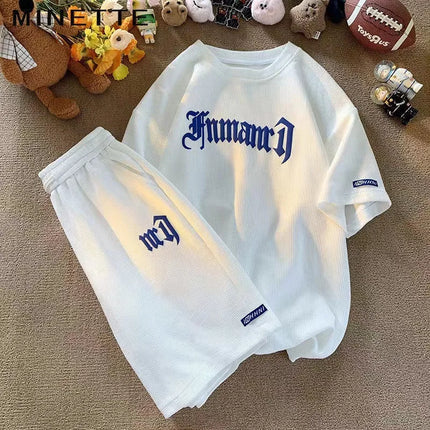 Cross-border Waffle Casual Summer Ice Silk Short-sleeved Sports Clothes Set Men's T-shirt Men's Clothing Set Matching