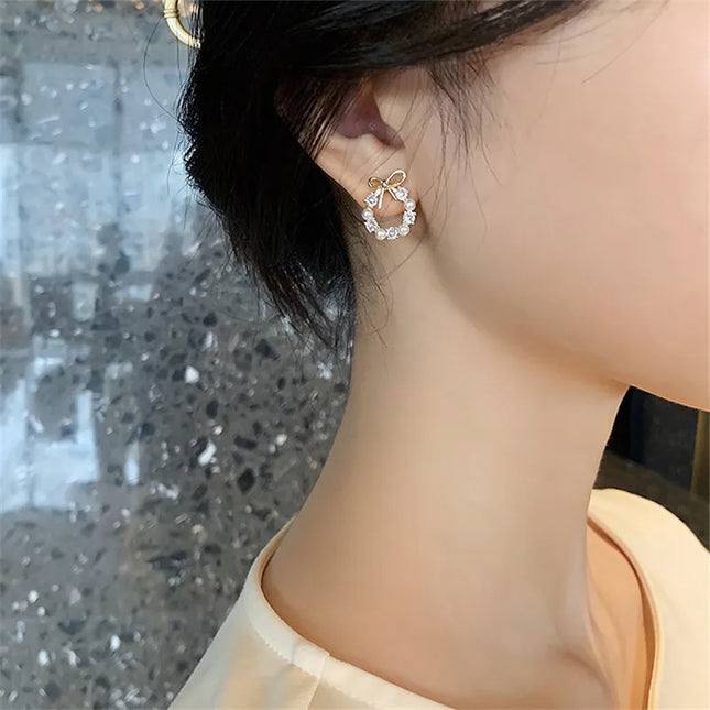 FTCY Minimalist Round Bow Knot Earrings For Women Rhinestone Imitation Pearl Stud Earrings Party Wedding Jewelry Gifts
