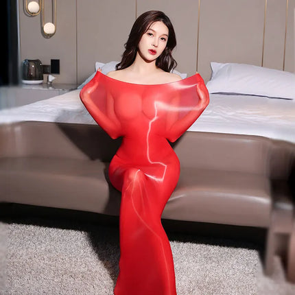 Black Crotchless Silk Bodystockings Long Sleeve Full Body Oil Shiny Pantyhose See Through Female Underwear Bodysuit Shapewear