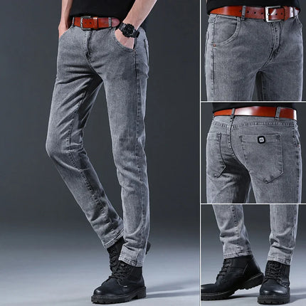 Men's Fashion Letters Denim Pants Slim Straight Gentleman Slacks Fashion European American Style Stretch Men Luxury Jeans Grey