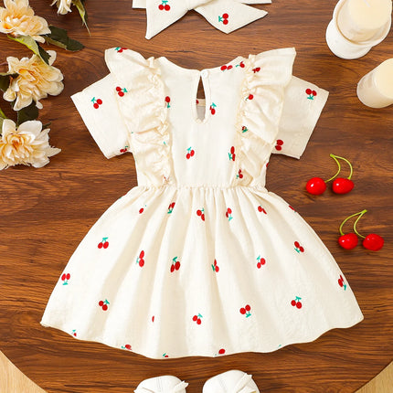 2pc Dress Set: Summer Cherry Print, Ideal for Daily Wear, Birthday Party & Summer Photoshoot, for Baby Girl (0-4Y), Toddler Girl
