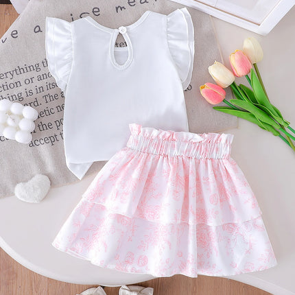 2025 New Arrival Heart Print Short-Sleeved T-Shirt and Printed Mini Skirt Casual Two-Piece Set