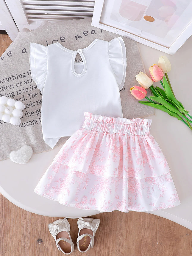 2025 New Arrival Heart Print Short-Sleeved T-Shirt and Printed Mini Skirt Casual Two-Piece Set