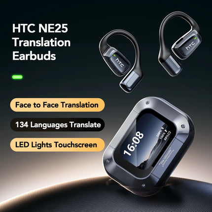 HTC NE25 OWS Earbuds AI Translator LCD Touch Screen Bluetooth 6.0 IPX5 Waterproof Open-Ear Wireless Headphones