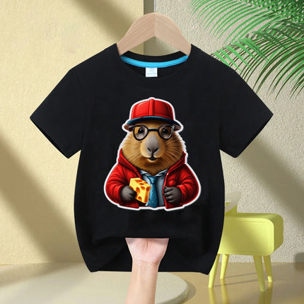 Cute Capybara Loves Bubble Tea print kids T-Shirt summer children's pure cotton short-sleeved casual tops boys and girls gifts