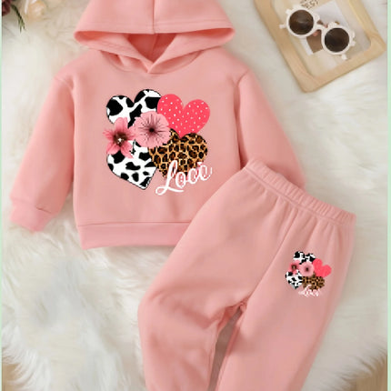 Baby Girl Love Love Flower Pattern Hoodie+Casual Pants Two Piece Set Spring and Autumn Sportswear