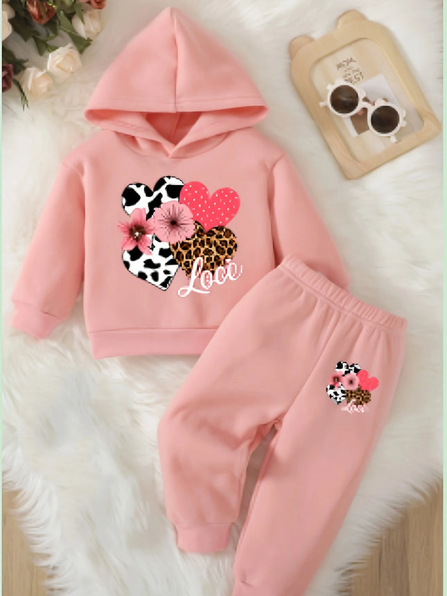 Baby Girl Love Love Flower Pattern Hoodie+Casual Pants Two Piece Set Spring and Autumn Sportswear