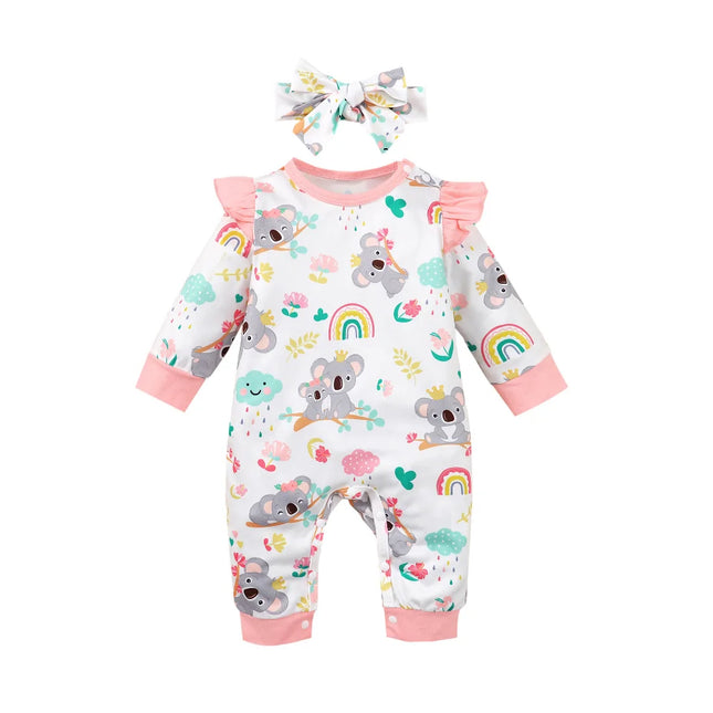0-12 Months Newborn Baby Girl Clothes Long Sleeves Cute Cartoon Bodysuit with Headband 2PCS Infant Romper Toddler Girl Jumpsuit