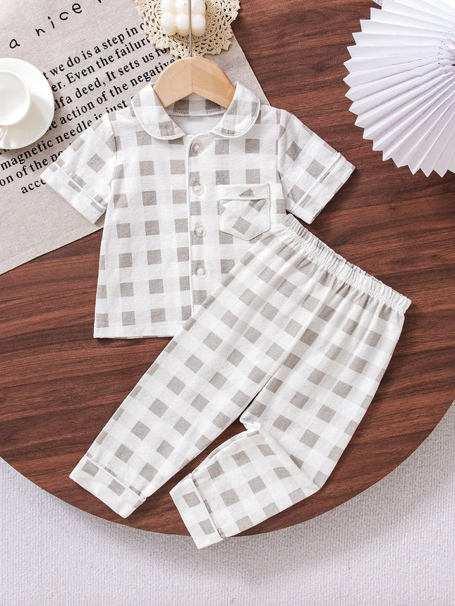 Baby Summer Pajamas Set, Simple Gray Plaid Lapel, Button-Down Short-Sleeved Long Pants, Children's Breathable Cotton Refreshing Home Clothes Two-Piece Set