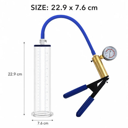 Sex Toys Vacuum Pump Trainer with Clear Acrylic Measuring Cylinder Blue Hose Metal Pressure Gauge and Manual Air Control Handle