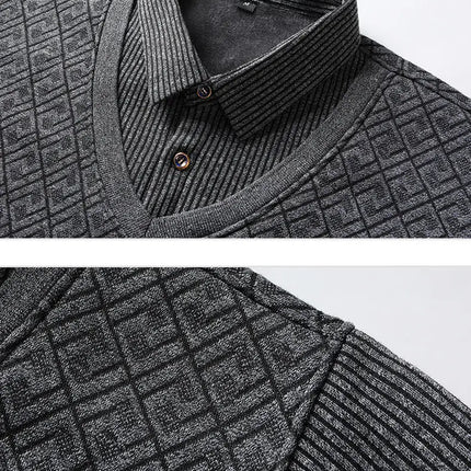 Winter Warm Thick Pullovers Men Polo Neck Fake Two Pieces Sweaters Fashion Casual Striped Fleece Lined Jumper Knitting Sweaters