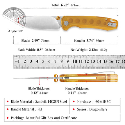 TRIVISA Dragonfly Pocket Knife for Men, 14C28N Blade PEI Handle Folding EDC, Camping Hunting Hiking Outdoor Tool with Clip Gifts