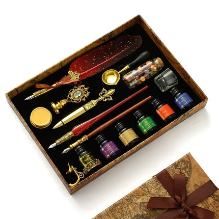 Luxury Fountain Pen Set, Retro Sprinkling Feather Pens Calligraphy Writing Dip Kit with Wax Seal Stamp & Replace Nibs, Gift Box