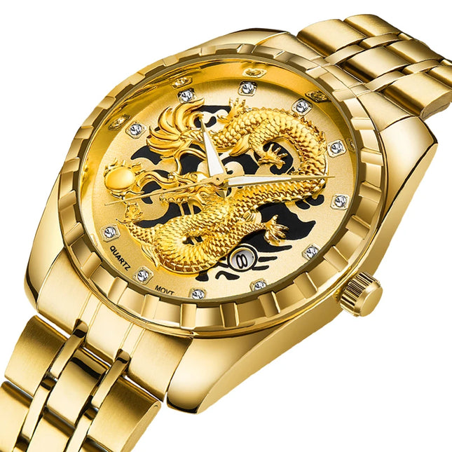 WLISTH Mens Watch 3D Golden Dragon Original Quartz Watch for Man Dragon Dial Waterproof Luminous Date Stainless Steel Watches