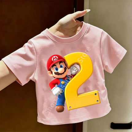 2026 New Super Mario Bros Children's Pure T-shirts Anime Birthday Numbers 1-9, Cute Anime Children's Casual T-shirts