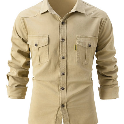 Fashion Men's Business Casual Long Sleeve Shirt with Double Pockets Turn-down Collar Office Work Wear Outdoor Utility Clothing