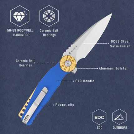 SHOOZIZ KILA Folding Knives - EDC Pocket Knife For Man, Aluminum Bolster, G10 with Clip for Camping, 3.15" DC53 Steel, PVD/Satin