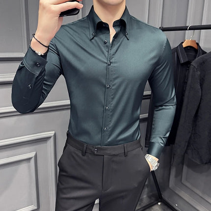 High Quality Lapel Collar Shirt for Men Solid Color Casual Business Dress Shirts Office Social Uniform Shirt Men Clothing 2024