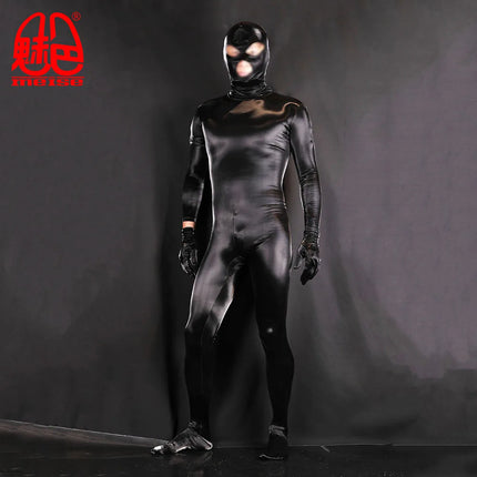 Men Body-Shaping Clothing Shark-Skin PU Shapewear Jumpsuit Faux Leather All-In-One Bodysuit Fully Covered Cosplay Zentai Leotard
