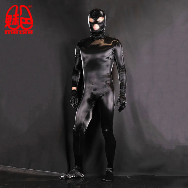 Men's Body-Shaping Clothing Shark-Skin PU Shapewear Jumpsuit Faux Leather All-In-One Bodysuit Fully Covered Cosplay Zentai Leotard