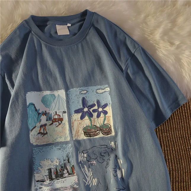 Vintage Short Sleeve T-Shirt Women Loose Korean Style Street Fashion Half Sleeve Top Fresh Sweet Style Polyester Fiber