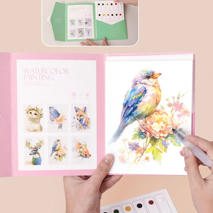 6 Sheets Watercolor Painting Kit with Brushes Paints and Coloring Book Draw Art School Stationery Gift for Boys Girls Travel Toy