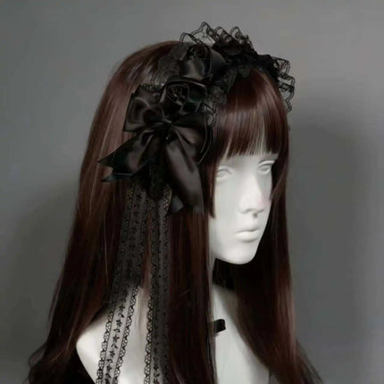 Gothic Lolita Lace Headbands for Women Double Black White Satin Rose Flower Bow with Tassel Elegant Cosplay Hair Accessories