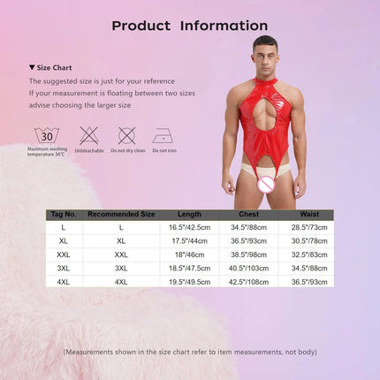 Mens Lingerie Latex Catsuit Wetlook Patent Leather Bodysuit One-piece Tempting Cut Out Crotchless Leotard Bodysuit Underwear