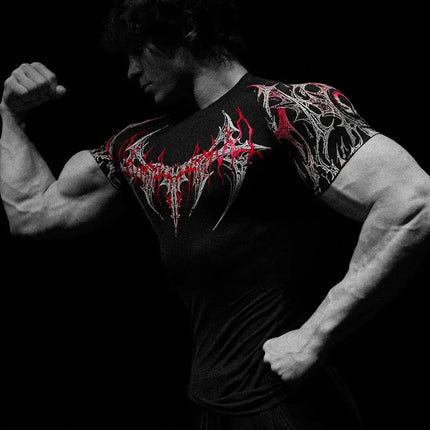 GYM T-shirt Men's Dark Gothic Print Muscle Tee  High Elasticity And Quick Drying Exercise For Bodybuilding Training 2025 Summer