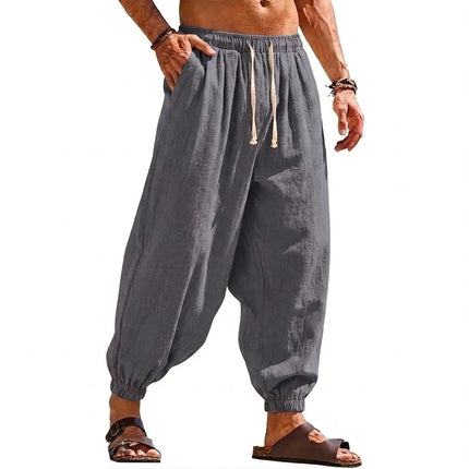Mens Linen Harem Trousers Baggy Jogger Pants Lightweight Casual Bottoms Breathable Loose Trousers for Hiking Gym and Daily Work