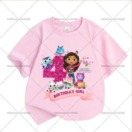 New Gabby Dollhouses Pink Short Sleeve White T-shirts Girls Tops Cotton Summer Casual Birthday Number T-shirt Party Supplies Tee