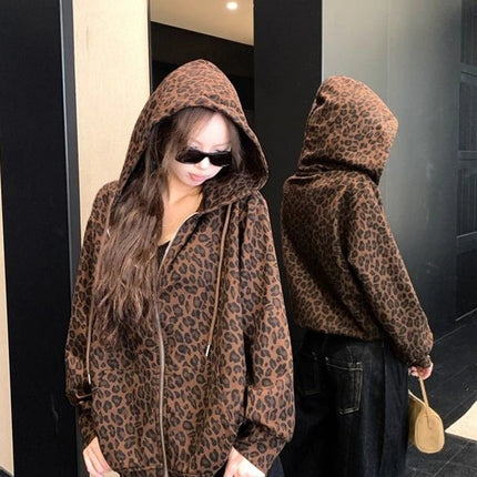 Women Y2K Leopard Hoodies Streetwear Loose Harajuku Retro Sweatshirts Hip Hop Fall American Vintage Female Long Sleeve Tops New
