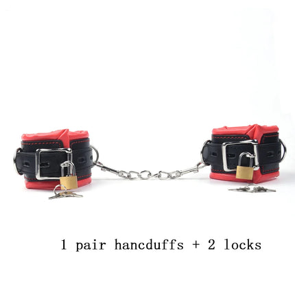 4Pcs Bondage Set Leather Sponge Handcuffs For Sex Anklecuffs +Handcuffs+Collar+ mask+5 Lock Restraints Sex Toys for Adult Games