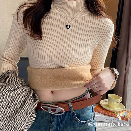Women's Turtleneck Sweater Winter 2025 Retro with Velvet Lining Thickened Inner Wear Thermal Knitting Bottoming Shirt Pullovers