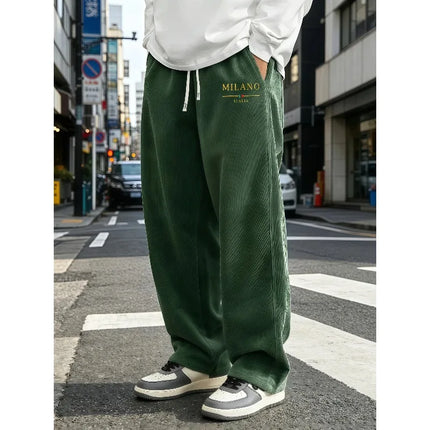Men's Standing Corduroy Wide Leg Pants with Elastic Drawstring, Loose Straight Leg Pants, MILANO Letter Print, Choose From S-4XL
