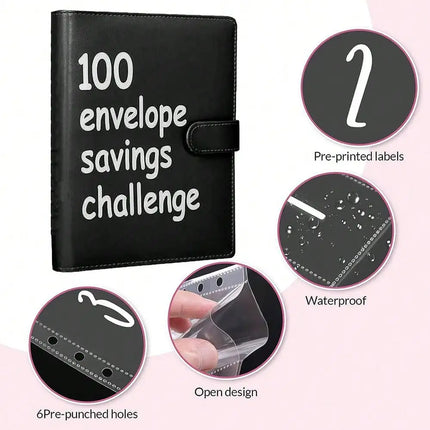100 Envelope Savings Challenge Binder, PU Leather Budget Planner Book, Money Saving Challenge Notebook for Cash Budgeting Financial Planning