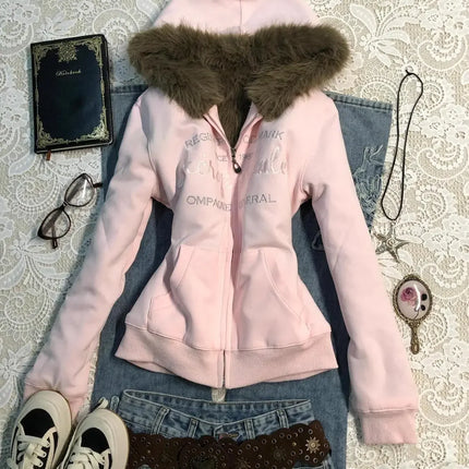 American Vintage Pink Furry Hoodie Women Y2K Harajuku Faux Fur Collar Jacket Fashion Slim Waist Belted Hot Girl Sweatshirt New