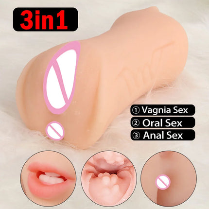 Realistic 3 in 1 Male Masturbator Cup Mouth Vagina Anal 3 Holes Deep Throat Blowjob Pocket Pussy Airplane Cup Sex Toy for Men