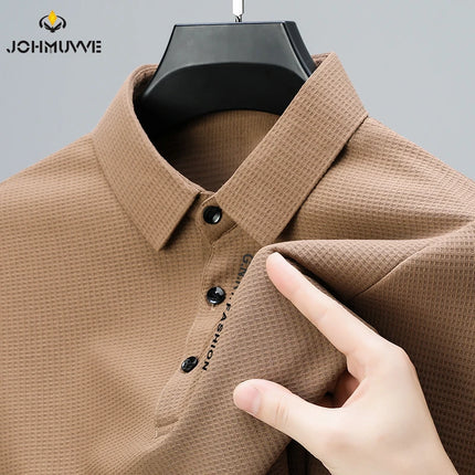 Men's Waffle Long-Sleeved Polo Shirt with Letter-Printed Lapel Casual Top
