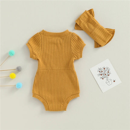 Summer Infant Baby Girls Romper Cotton Baby Jumpsuit Solid Color Short Sleeve Playsuit with Bow Headband Toddler Clothes