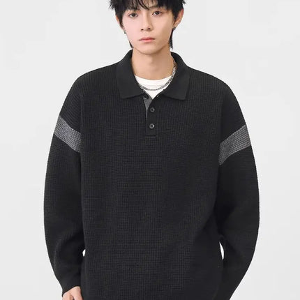 Autumn Winter Polo-Style Colour-Block Knit Sweater Men Effortlessly Stylish Relaxed Fit Loose Collar Top Warm Cosy