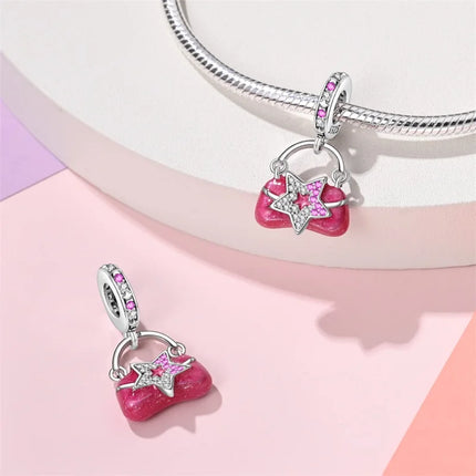 100% 925 Sterling Silver Fashion Pink Princess Skirt Bag Lipstick Charms Beads Fit Qikaola Original Bracelets DIY Jewelry Gifts