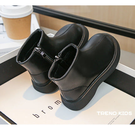 Children Fashion Boots Simple Girls Ankle Boot Black Kids Short Leather Boots Side Zipper Thick Bottom Autumn Winter 2024 New