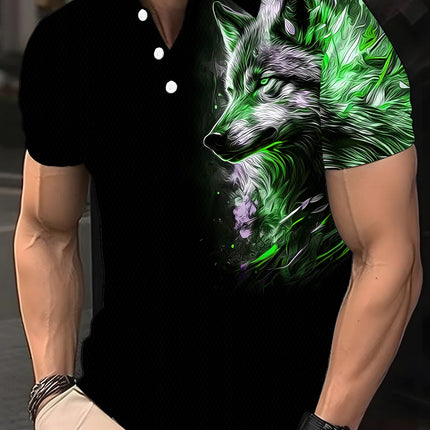 Street-style Wolf pattern men's polo shirt, summer T-shirt, short-sleeved animal print hip-hop T-shirt, plus-size casual polo sh