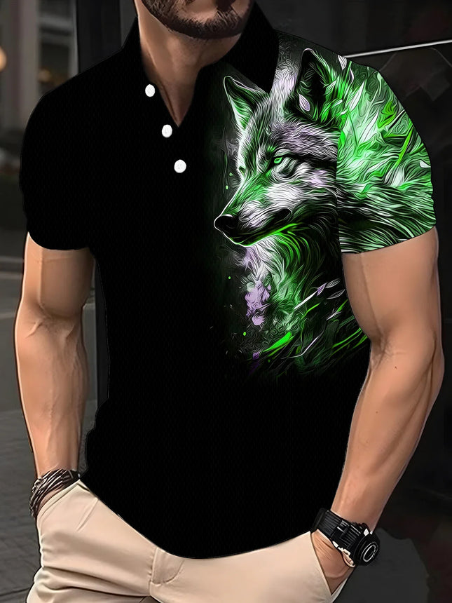 Street-style Wolf pattern men's polo shirt, summer T-shirt, short-sleeved animal print hip-hop T-shirt, plus-size casual polo sh